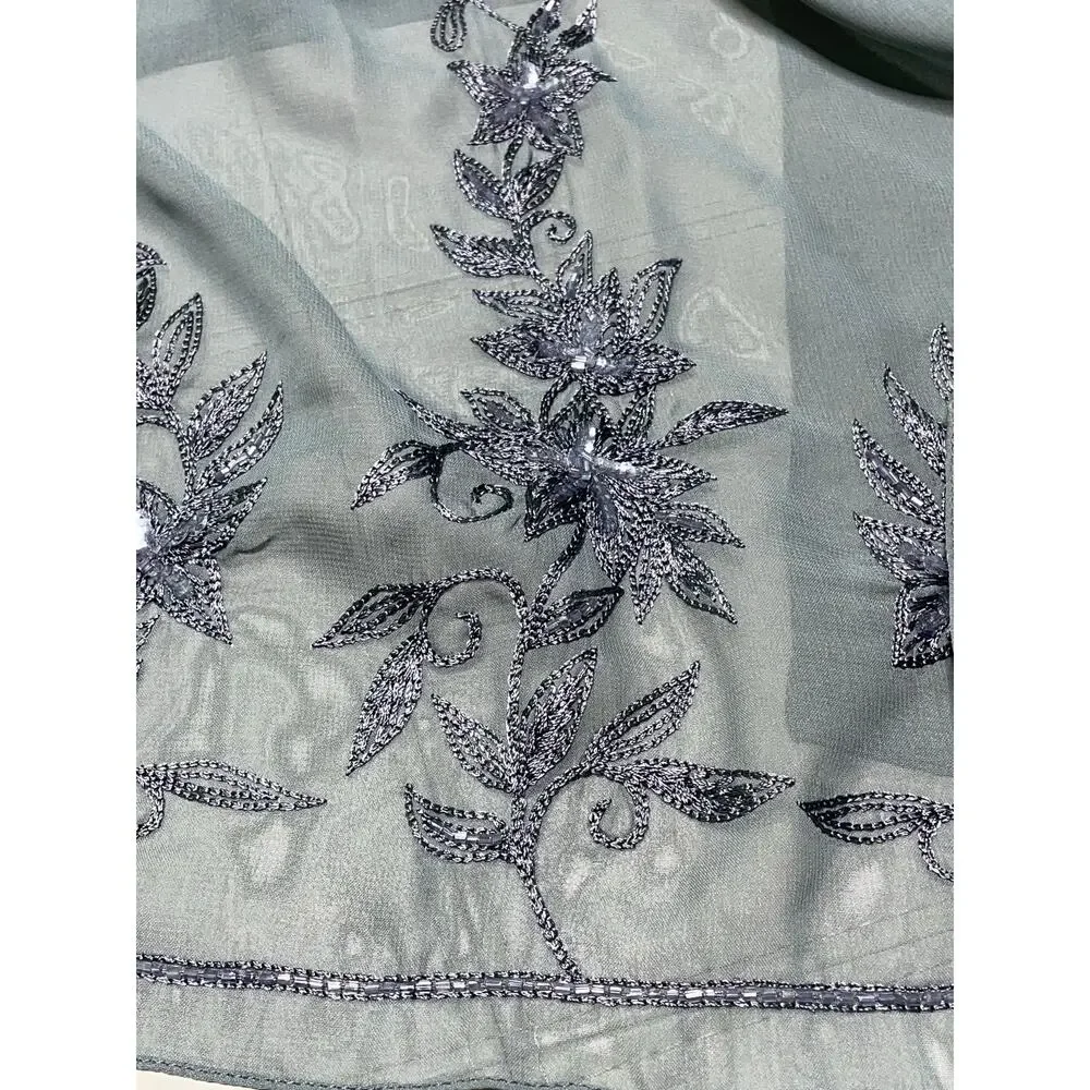 Sheer Beaded Silver Gray Georgette Long Vintage Scarf